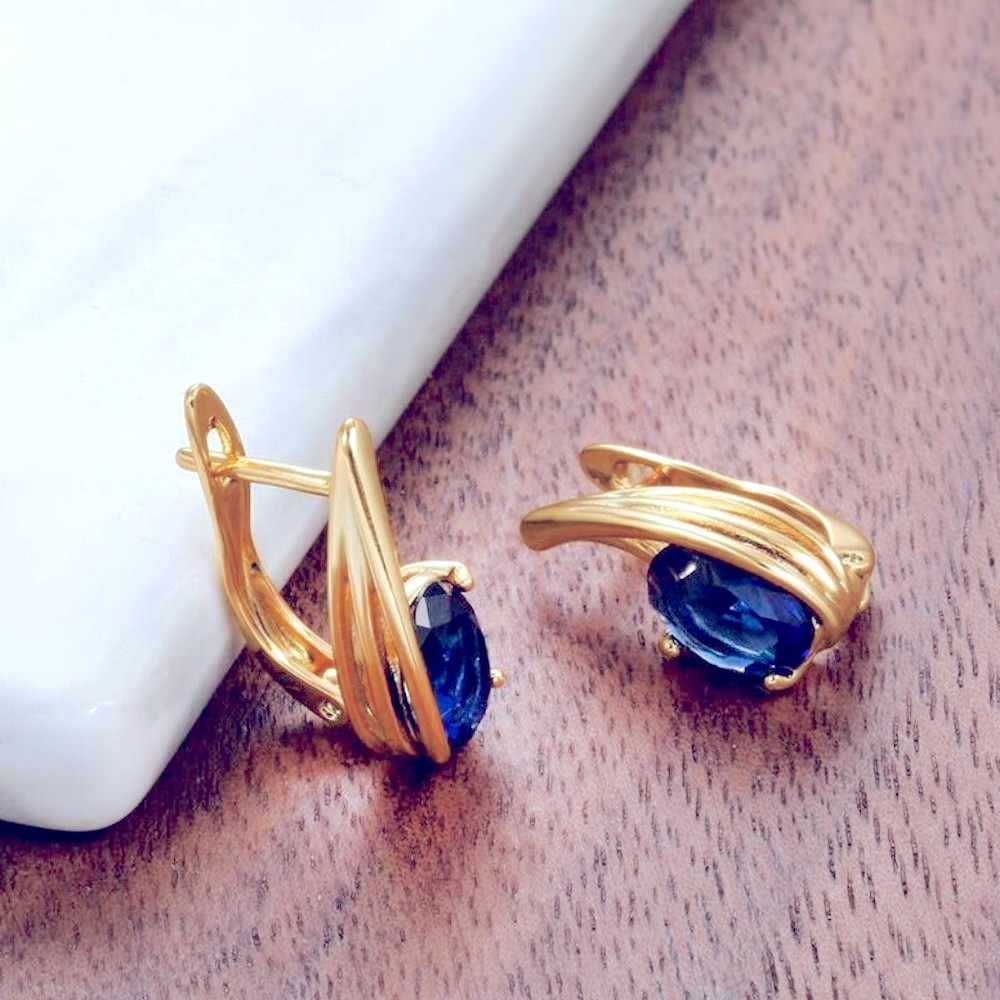 New 18k Gold Over Silver Blue Sapphire Huggie/Studs - Picture 4 of 5